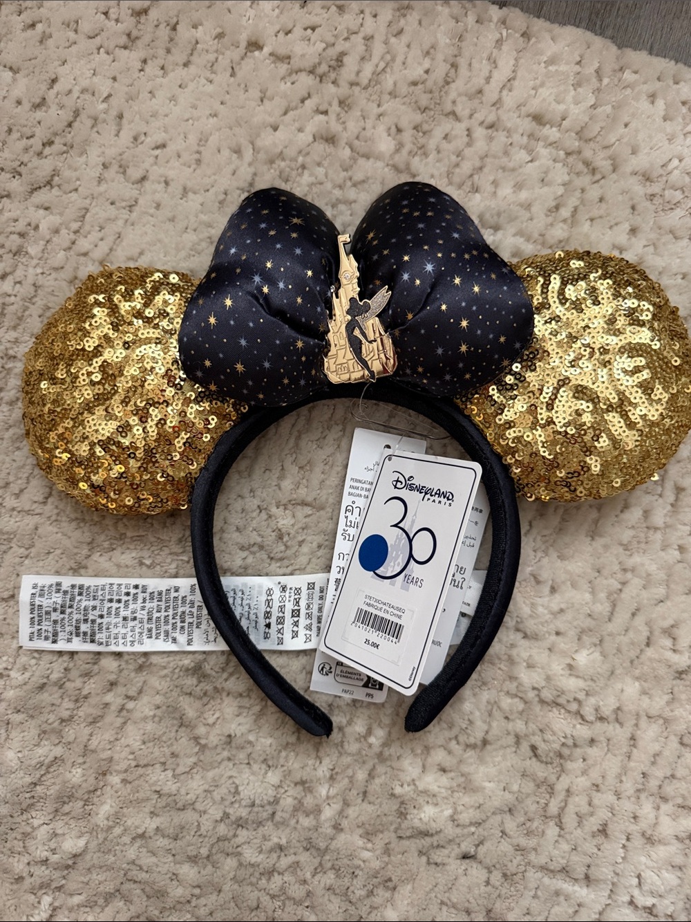 Disney Paris 30th Anniversary Gold Sequin & Navy Star Minnie Ears Headband
